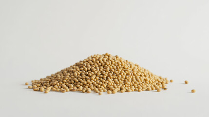 small pile of soybeans on white background showcases their natural texture and color, ideal for illustrating concepts of agriculture, nutrition, and plant based foods