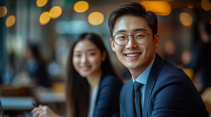 
A young Asian man and two beautiful female employees in suits were having a meeting,