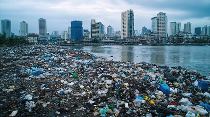 A polluted waterfront is littered with waste, contrasting with tall buildings in the background under a cloudy sky.