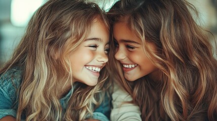 Two young girls with light hair are smiling closely at each other. Their joyful expressions capture a tender moment of friendship and youthful innocence.