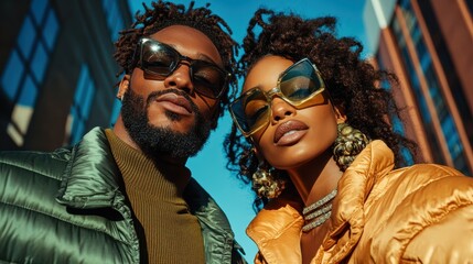 A fashionable couple strikes a confident pose in a vibrant urban setting, both wearing stylish, vibrant jackets and sunglasses, exuding charm and urban energy.