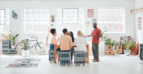 Poster - Meeting, presentation and our vision with designer business people in creative workplace for planning. Company, management and proposal with man talking to employee team in office for development