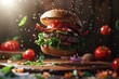 © Isuru - Delicious burger with floating ingredients on the wood table background  burger