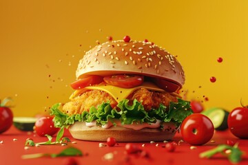 Tasty fish burger with tomatoes  cheese  lettuce on colorful background.