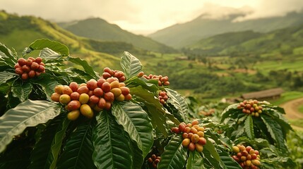 Wall Mural - Coffee plants with ripe berries in a mountainous landscape.