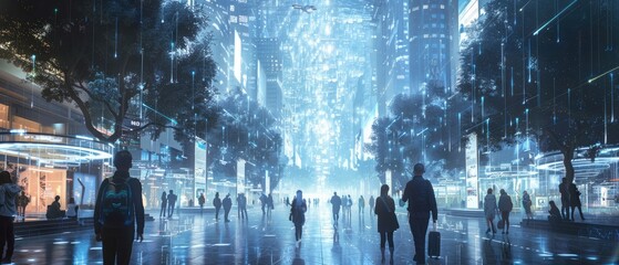 silhouettes of people walking in a futuristic city with a glowing blue sky.