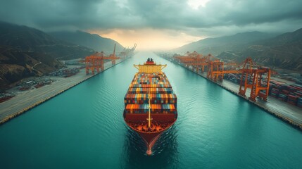 Aufkleber - A cargo ship moves through a vibrant harbor filled with containers, surrounded by mountains, as clouds loom overhead in the late afternoon.
