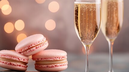 Two glasses of sparkling champagne paired with pink macarons, set against a soft bokeh lights background, creating a festive and elegant impression.