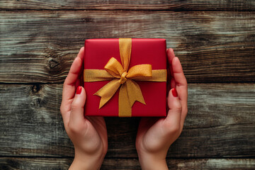 Hands holding a beautifully wrapped gift box with a golden ribbon, creating a festive and joyful moment of giving.