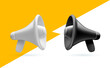 © wowomnom - Vector illustration of shine black and white megaphone with shadow on color background. Communication loudspeaker. 3d style design of announcement bullhorn and speaker for social media