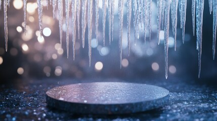 Poster - Icicles dangle from a frosty surface, illuminated by soft light. Water droplets gather on a circular stone below, creating a serene winter ambience that captures the beauty of cold weather.