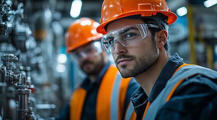 
Portrait of a male engineer wearing a hard hat and safety glasses in a factory, working with modern machinery.