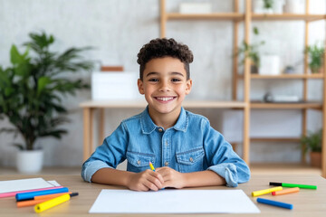 
A cheerful young boy with a bright smile, sitting at a table with colorful markers and paper in the foreground. 