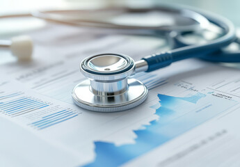 stethoscope rests on financial report with upward trending graph, symbolizing growth in healthcare. image conveys sense of progress and optimism in medical field