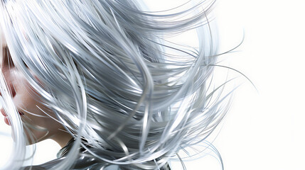 A woman with long flowing silver hair,  cropped close to her face.