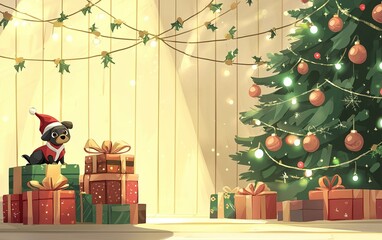 Wall Mural - A playful dog in a festive Santa outfit surrounded by Christmas gifts near a beautifully decorated tree