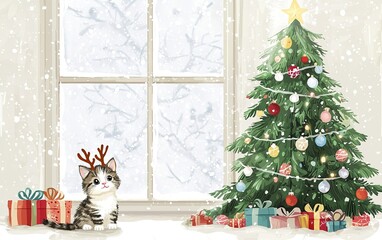 Wall Mural - A cute kitten with antlers sits beside a decorated Christmas tree and wrapped presents in a snowy winter setting