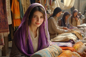 Wall Mural - A beautiful woman in ancient Jerusalem wearing purple cloth and sells colorful fabric at market.