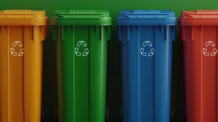 Four colorful recycling bins arranged in a row against a green background, promoting eco-friendly waste management and recycling practices.