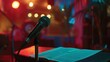 © Steve - Close-up of microphone on stand in soundproof recording studio, positioned in front of script stand, symbolizing voice acting and audio production.