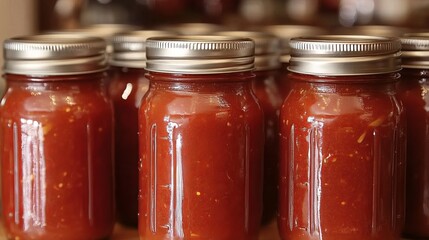 Indulge in the tantalizing aroma of homemade tomato sauce, lovingly preserved in airtight glass jars. As winter's chill draws near