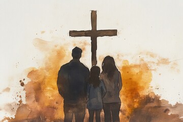 Canvas Print - Family with kids walking towards christian cross.	