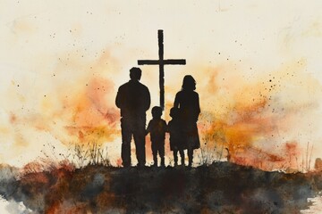 Canvas Print - Family with kids walking towards christian cross.	