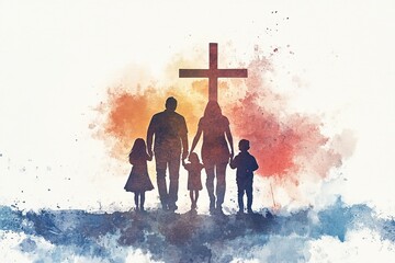 Canvas Print - Family with kids walking towards christian cross.	