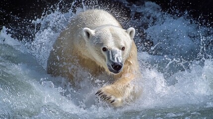 Large, carnivorous polar bears inhabit the Arctic region. Their thick, white fur provides insulation and conceals them in their icy environment. Polar bears excel in hunting seals