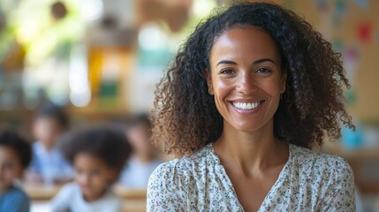 Portrait of smiling female teacher in a class at school.
