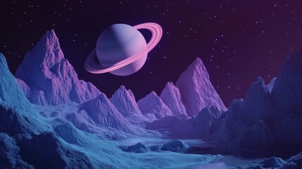 Wall Mural - sci fi wallpaper featuring saturn and mountains on earth in a night landscape created with 3d cartoo