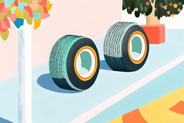 Illustration of two old summer tires showcasing wear and tear designed for coloring book enjoyment