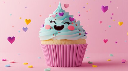 Wall Mural - A single cupcake with blue frosting and a happy face is surrounded by scattered hearts on a pink background.