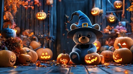 Wall Mural - 3d render of a cute bear wearing a witch hat surrounded by pumpkins and halloween decorations