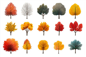 Wall Mural - collection of autumn trees illustration, isolated elements on white background
