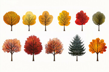 Wall Mural - Collection of colorful autumn trees isolated on white background, vibrant fall stickers