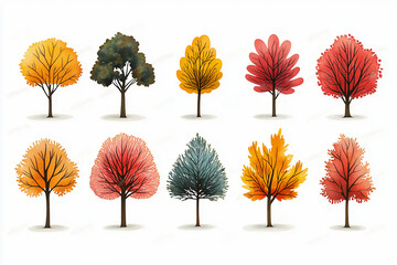 Wall Mural - Collection of colorful autumn trees isolated on white background, vibrant fall stickers