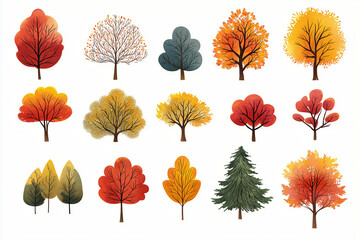 Wall Mural - Collection of colorful autumn trees isolated on white background, vibrant fall stickers