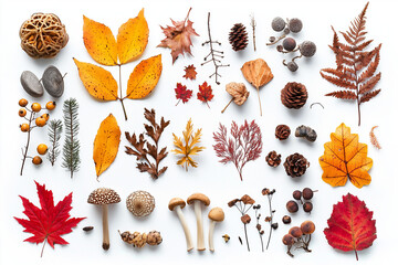 Wall Mural - collection of autumn leaves and elements, pines, mushrooms, maple leaf, isolated on white background