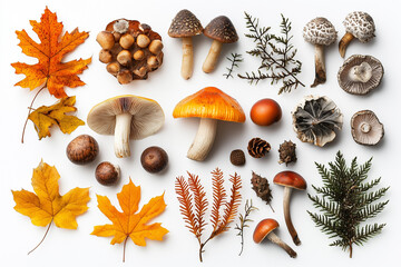 Wall Mural - Collection of autumn leaves and fall elements, mushrooms, branches, acorns, pines, stickers