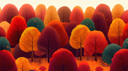 Wall Mural - Autumn forest abstract pattern. Colorful autumn trees, and leaves illustration, Instagram story vertical banner
