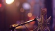 © Steve - Close-up of microphone on stand in soundproof recording studio, positioned in front of script stand, symbolizing voice acting and audio production.