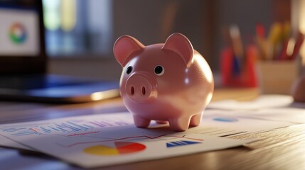 a piggy bank sitting on a table with financial graphs depicting savings