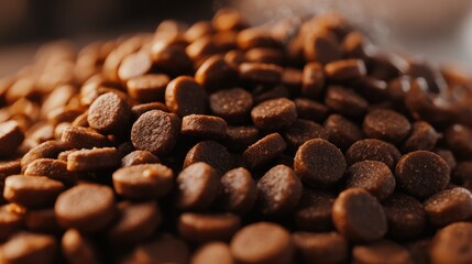 A pile of dog food is shown in a close up. The dog food is brown and he is in the shape of a ball