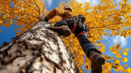 Wall Mural - Professional arborist in safety gear climbs a tree at autumn.