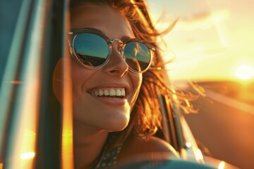 Wall Mural - A joyful woman enjoying a drive in the warm golden light of sunset. The sunlight reflects off her sunglasses as she smiles widely. This image captures happiness and freedom. AI