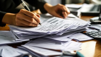 close-up shot of a businessperson working with accounting documents at their desk. The image focuses on the details of the paperwork and tools used for bookkeeping and finance tasks.