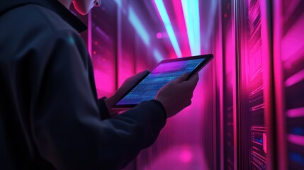 Computer engineer using digital tablet with server room, data center, big data storage as backgrounds, digital technology, database, IT support, telecommunication, Generative AI