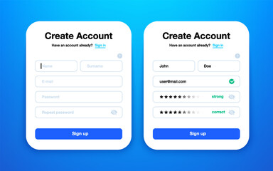 create account ui. sign up and log in form with personal user data, modern mobile application page w