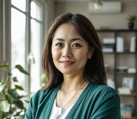 asian woman in their 20s, neat cardigan, sales representative, natural sunlight, simple background